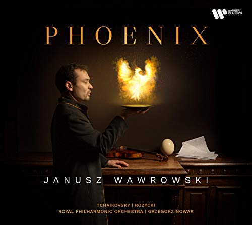 CD cover: violinist Janusz Wawrowski with a glowing phoenix image.