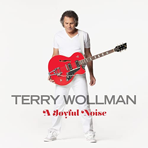 Man in white clothing holding a red electric guitar against a white background.