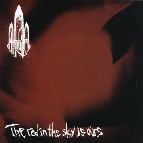"Album cover with red and black background, white text, and a logo."