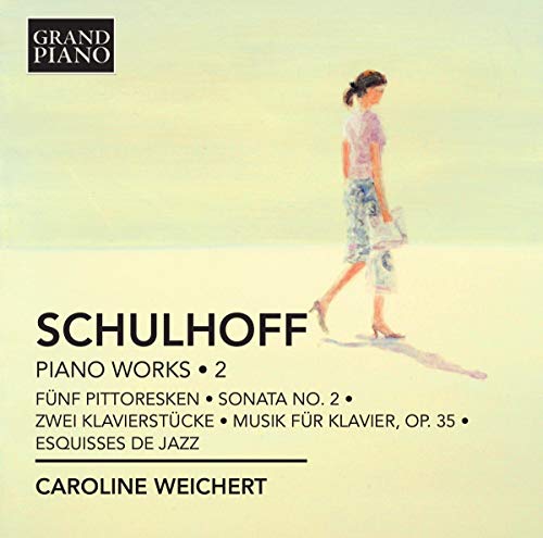 CD cover for Schulhoff piano works by Caroline Weichert, woman walking.