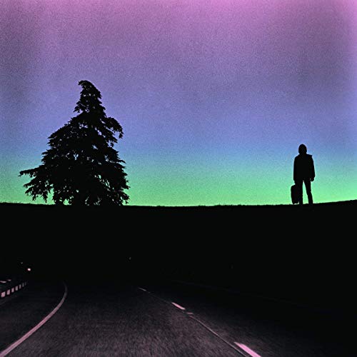 Silhouetted figure with suitcase stands by a tree against a colorful sky.