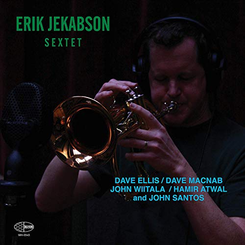 Jazz musician playing trumpet, album cover for Erik Jekabson Sextet LP.