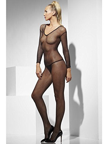 A blonde woman wearing a black fishnet body stocking and high heels against a white background.