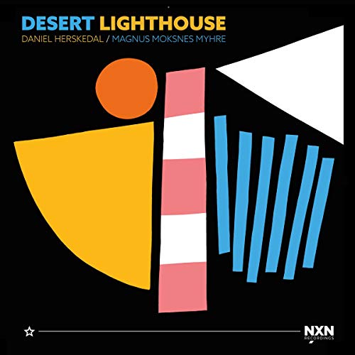 "Album cover with abstract geometric shapes on a black background, titled 'Desert Lighthouse'."