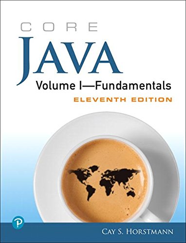 "Book cover with 'Core Java Volume I' title, coffee cup, and world map design."