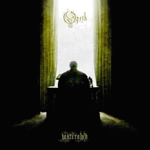 Album cover: man seated by window with "Opeth" and "Watershed" text in ornate gold font.