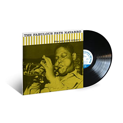 Vinyl record of Fats Navarro playing trumpet, with yellow and blue cover.