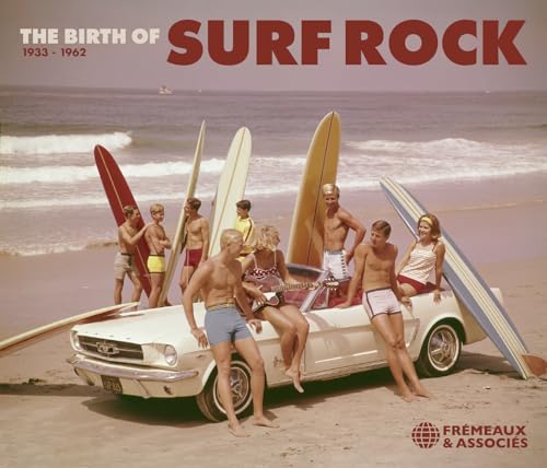 CD cover: beach scene with surfers, classic car, and text “Birth of Surf Rock”.