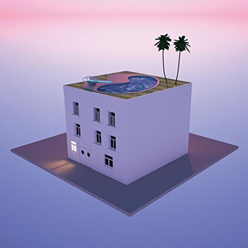 The image depicts a 3D rendering of a white building with a rooftop pool and palm trees. For accessibility purposes, a suitable alt text could be: "White building with rooftop pool and palm trees on purple background."