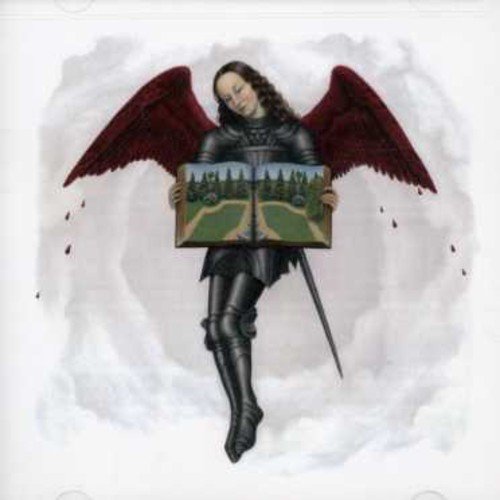 An angel in armor holds an open book, floating amidst clouds and red droplets.