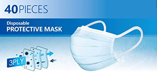 The image shows a light blue disposable face mask against a blue and white background.