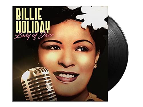 Billie Holiday album cover with vinyl record, portrait and microphone.