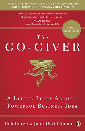 "Red book cover with green grasshopper and white text, titled 'The Go-Giver'."