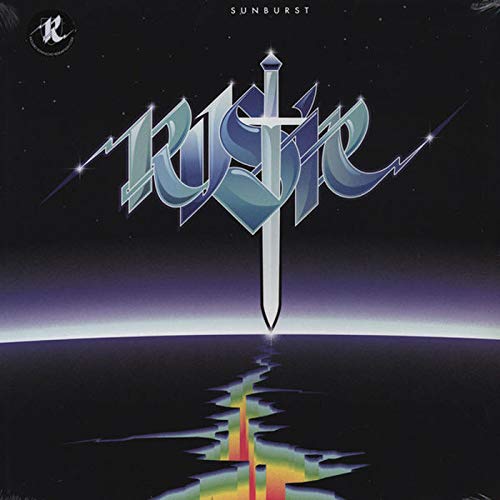 Rustie album cover: stylized sword and rainbow reflection on dark background.