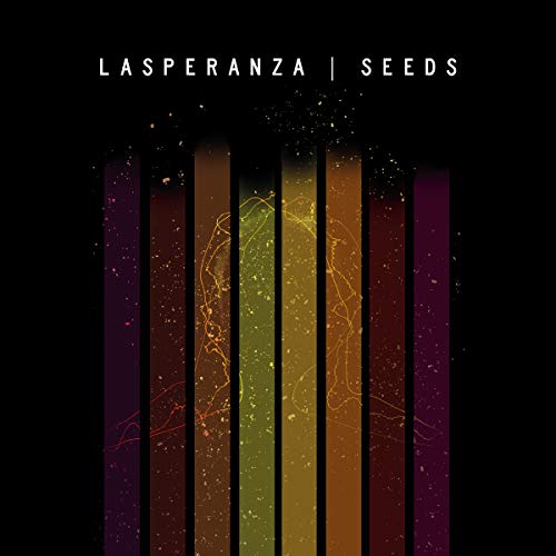 "Album cover with vertical stripes in shades of purple, brown, and green on a black background."