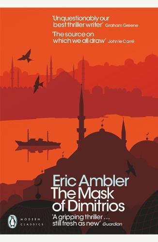"Book cover of 'The Mask of Dimitrios' with red silhouette of cityscape and boats."