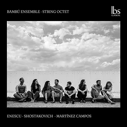 CD cover: Bambú Ensemble musicians seated against a cloudy sky.