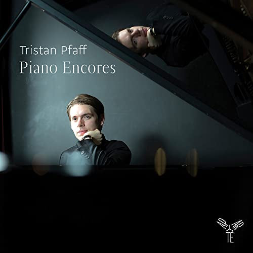 CD cover featuring pianist Tristan Pfaff reflected in a piano’s surface.