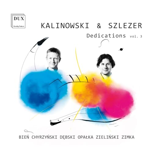 CD cover with portraits of two musicians and abstract colorful brushstrokes.