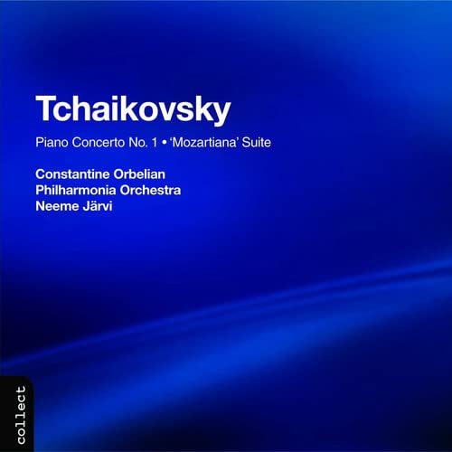 CD cover for Tchaikovsky’s Piano Concerto No. 1, blue gradient background.
