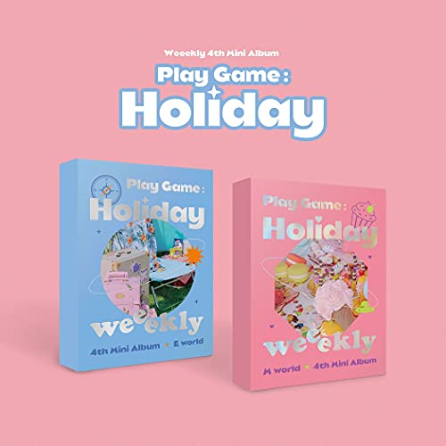 Weeekly’s “Play Game: Holiday” CD album, two cases shown against pink.