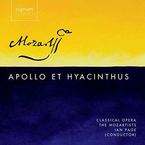 CD cover for Mozart’s “Apollo Et Hyacinthus” opera, yellow and blue design.