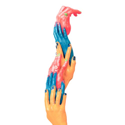 "Stacked hands in orange, blue, and red, with dark blue nail polish, on a white background."