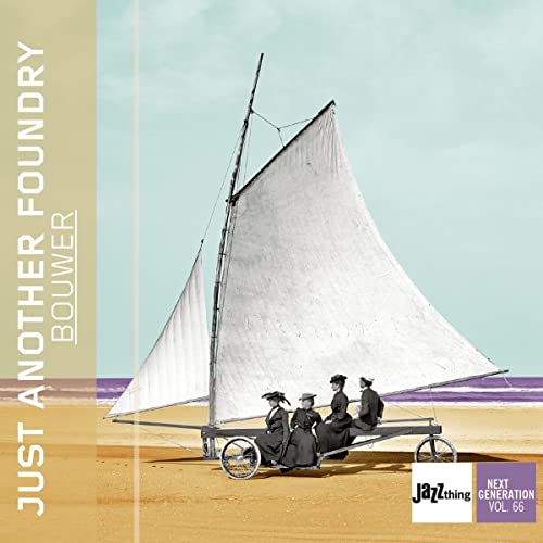 CD cover: vintage photo of people in a land yacht on a beach.