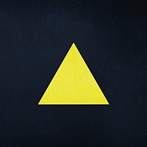 Yellow triangle centered on a dark, textured black background.