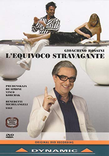 DVD cover for Rossini’s “L’equivoco Stravagante” opera featuring three performers.