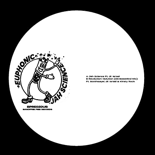 Black vinyl record label with cartoon character and text details.