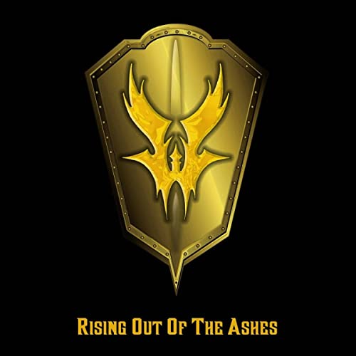 Gold shield emblem with a stylized bird design and text below.