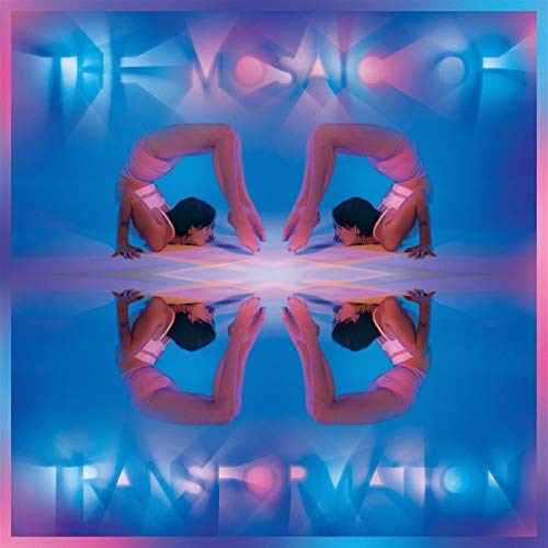 Symmetrical album cover with a person in a backbend, blue and pink tones.