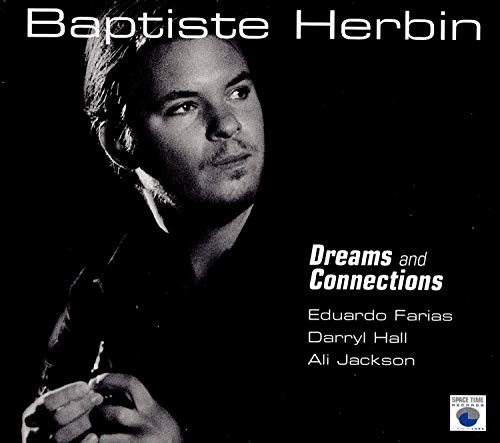 Black and white CD cover with a man holding a saxophone, against a black background.