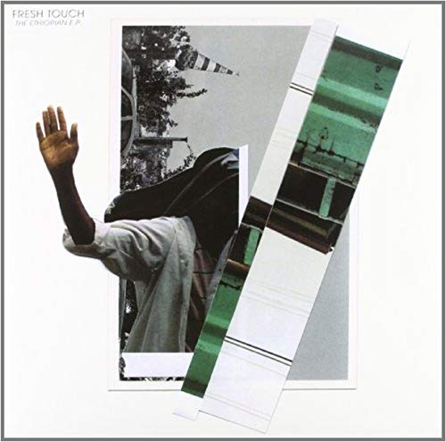 Vinyl record cover with abstract collage of a person and landscape.