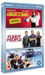 A blue DVD box set featuring three comedies: Chuck & Larry, Funny People, and Grown Ups.