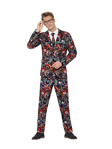 Man wearing a colourful clown-patterned suit, white shirt, and patterned tie, posing against a white background.