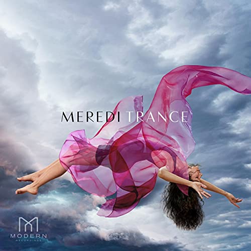 Woman floating in the air with flowing pink fabric against a cloudy sky.