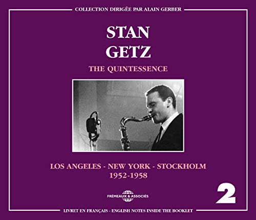 Stan Getz playing saxophone, purple album cover with text and logos.