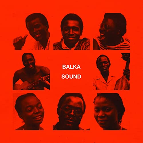 Red album cover featuring nine black and white portraits of people.
