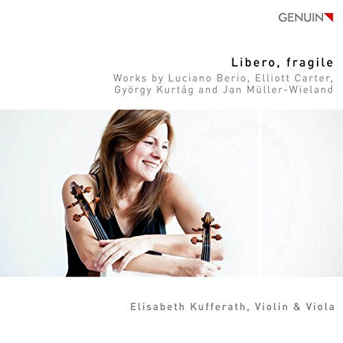 Woman holding violin and viola, smiling, on a white background with text above and below.