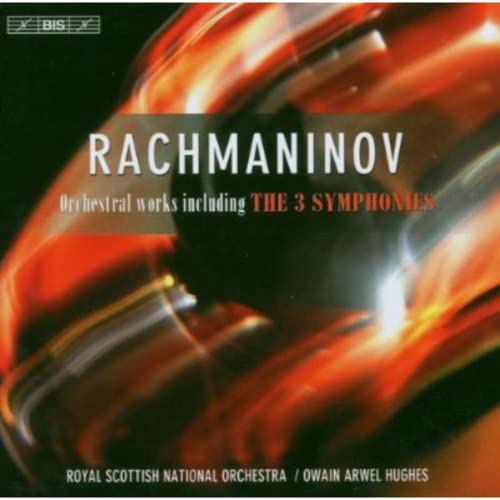 CD cover featuring Rachmaninov The 3 Symphonies with abstract red and orange background.
