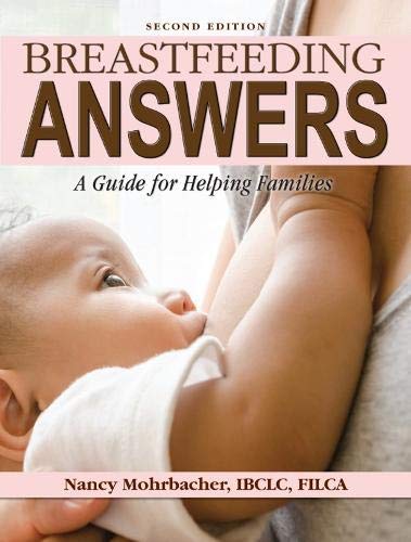 "Book cover showing a baby nursing, with title 'Breastfeeding Answers' and author's name."