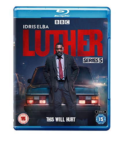 Blu-ray cover for "Luther" Series 5 featuring Idris Elba and a car.