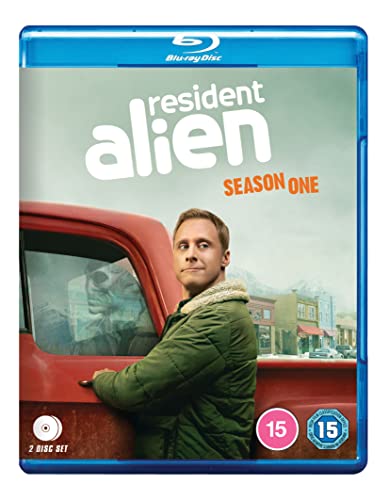 Blu-ray cover for "Resident Alien" Season 1, featuring a man by a red truck.