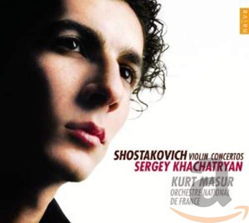Close-up portrait of violinist Sergey Khachatryan on a Shostakovich album cover.