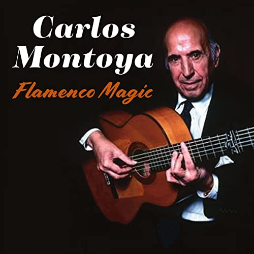 Carlos Montoya portrait holding a flamenco guitar, album cover.