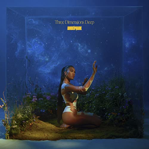 Album cover: woman kneeling in a floral, cosmic landscape.