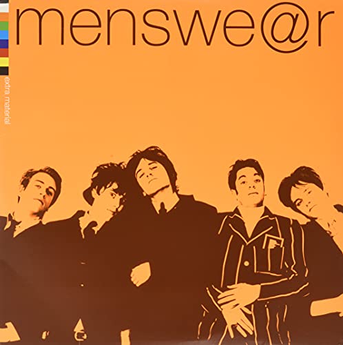 Menswear band portrait on orange and white vinyl record cover.