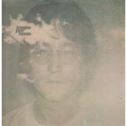 John Lennon portrait with clouds, album cover art, muted green tone.